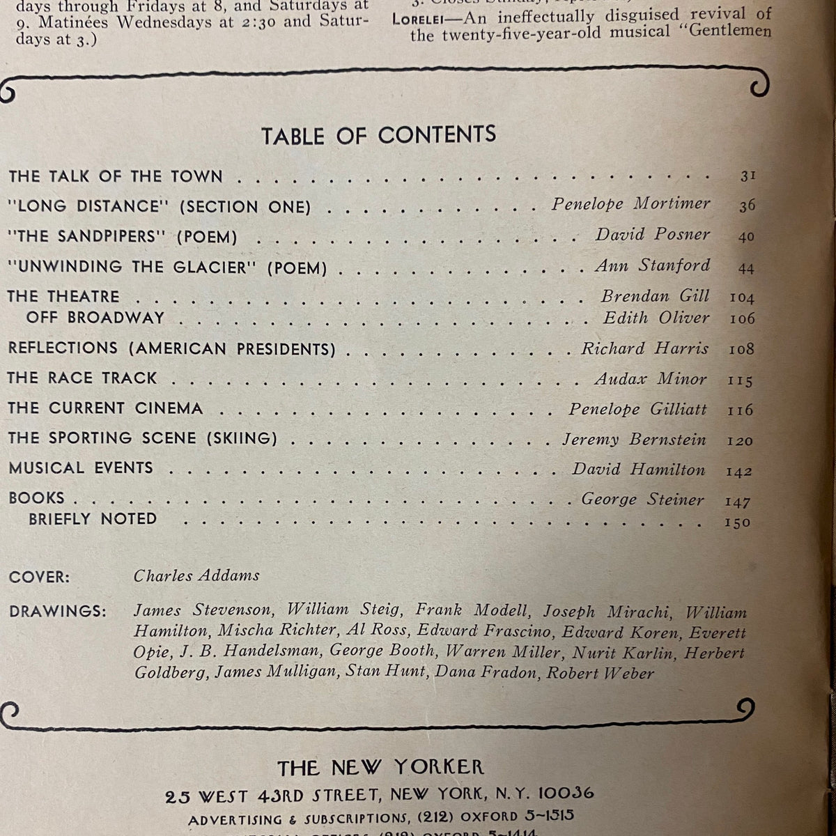 Table of contents from The New Yorker Full Magazine April 15, 1974, listing contributions from various writers and critics.