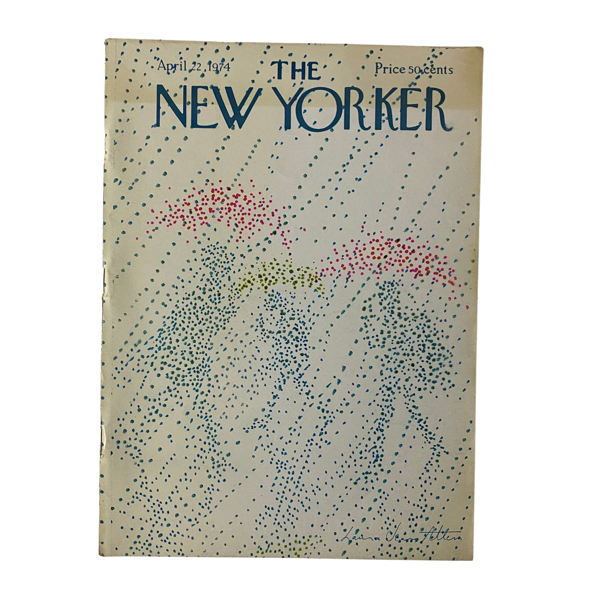 The New Yorker Full Magazine April 22, 1974 Laura Jean Allen Cover featuring a colorful rain-themed illustration with dots representing figures walking under umbrellas.