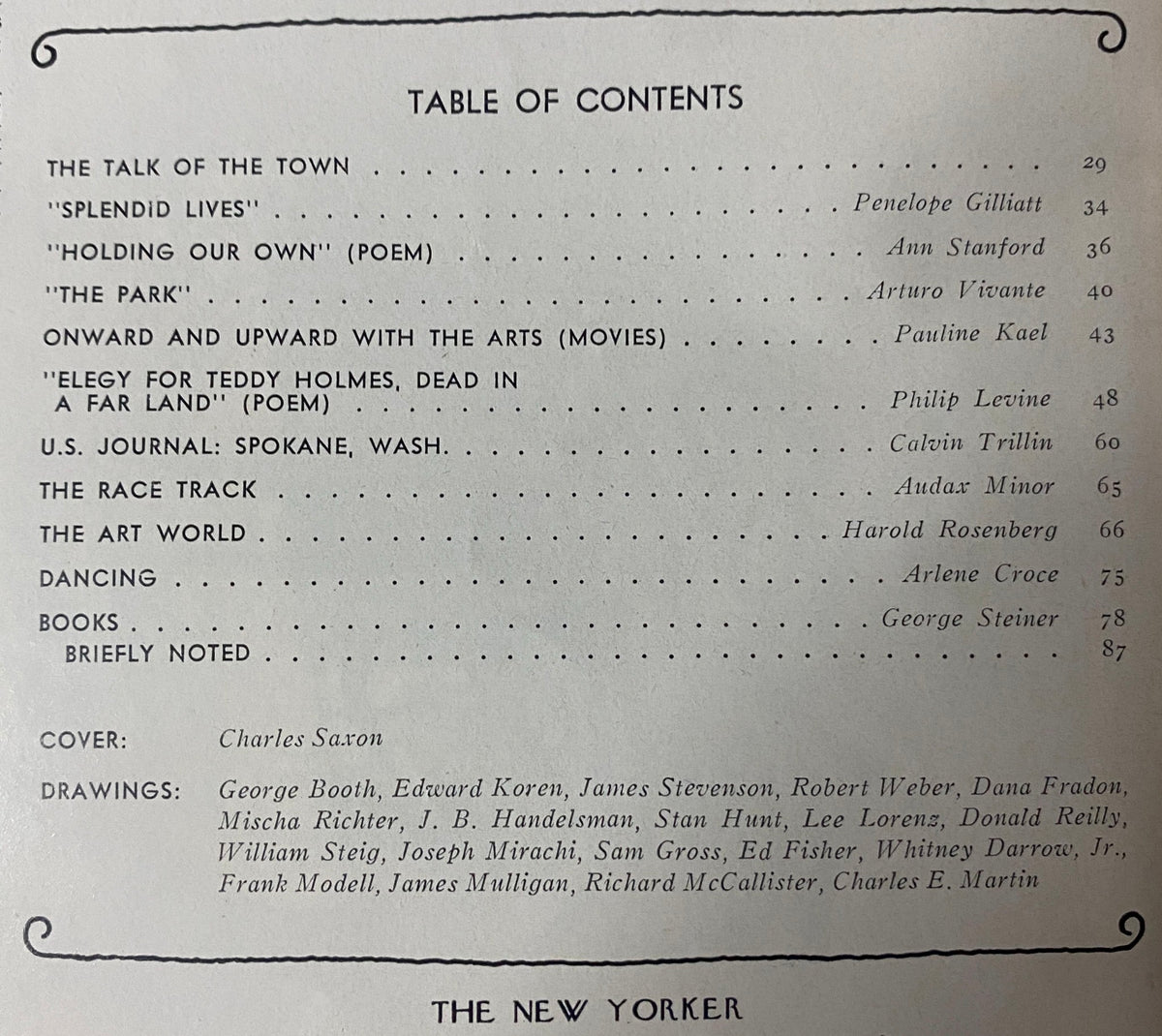 Table of contents from The New Yorker Full Magazine August 5, 1974, listing featured articles and contributors including Penelope Gilliatt and Pauline Kael.