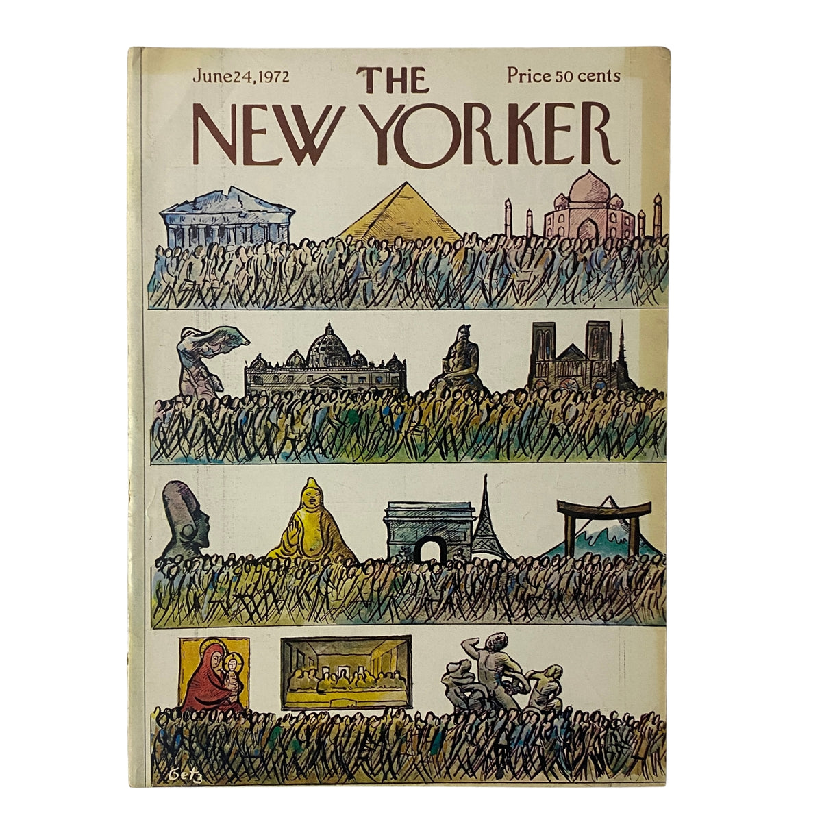 Cover of The New Yorker magazine from June 24, 1972, featuring an illustration by Arthur Getz, depicting diverse historical and cultural scenes. This vintage issue highlights articles from notable contributors such as W. H. Auden and Janet Flanner.