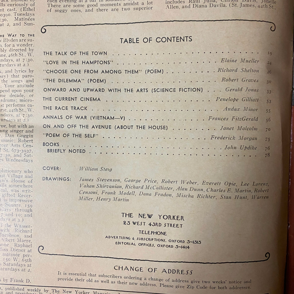 Table of Contents page from The New Yorker Full Magazine July 29, 1972, listing articles and contributions including 'LOVE IN THE HAMPTONS' and 'ONWARD AND UPWARD WITH THE ARTS'.