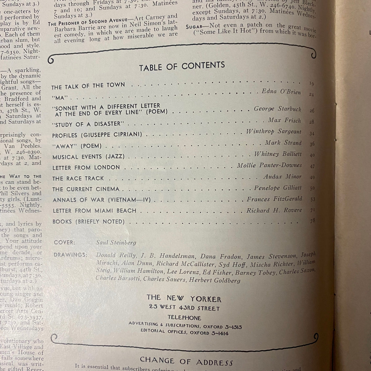 Table of contents page from The New Yorker magazine dated July 22, 1972, listing featured articles including Edna O'Brien and Max Frisch.