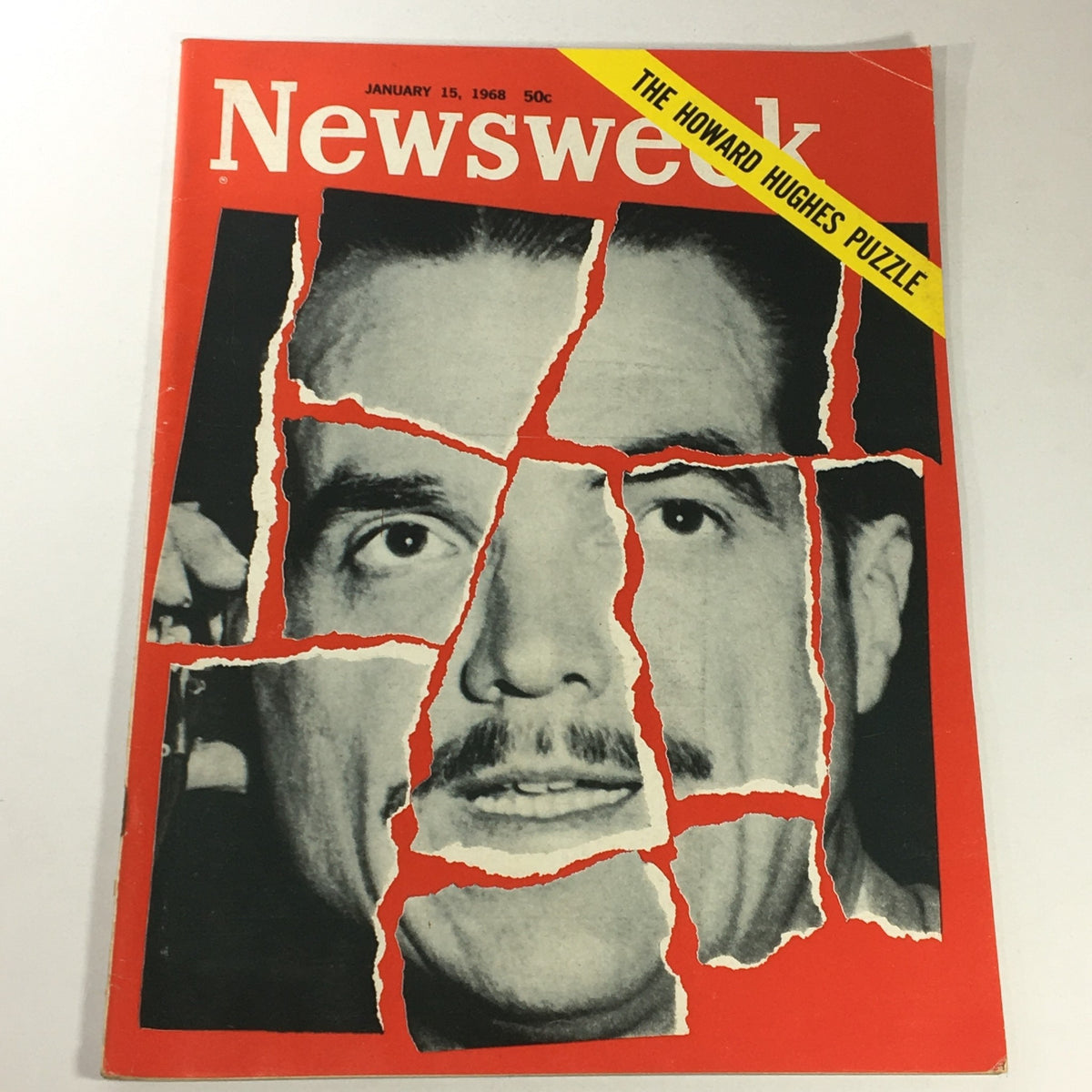 VTG Newsweek Magazine January 15 1968 cover featuring the Howard Hughes Puzzle, showcasing a fragmented image of Howard Hughes with a bold red background.