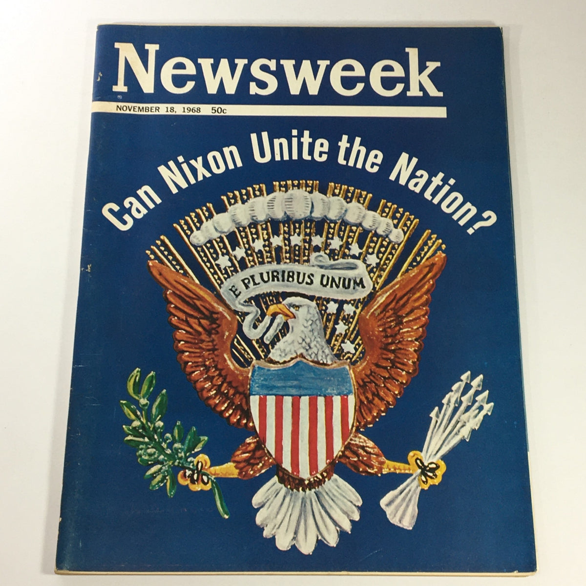 VTG Newsweek Magazine November 18, 1968 cover featuring the question 'Can Nixon Unite the Nation?' with an eagle emblem and vibrant blue background. A collectible piece highlighting historical political themes.