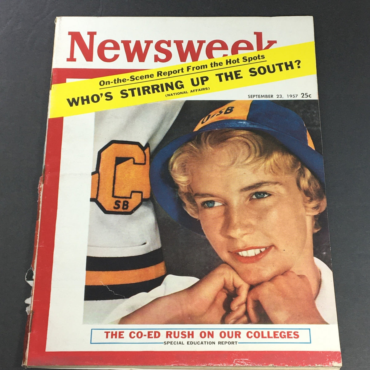 VTG Newsweek Magazine September 23 1957 cover featuring headline 'The Co-Ed Rush on Our Colleges' and a young woman wearing a blue and yellow hat.