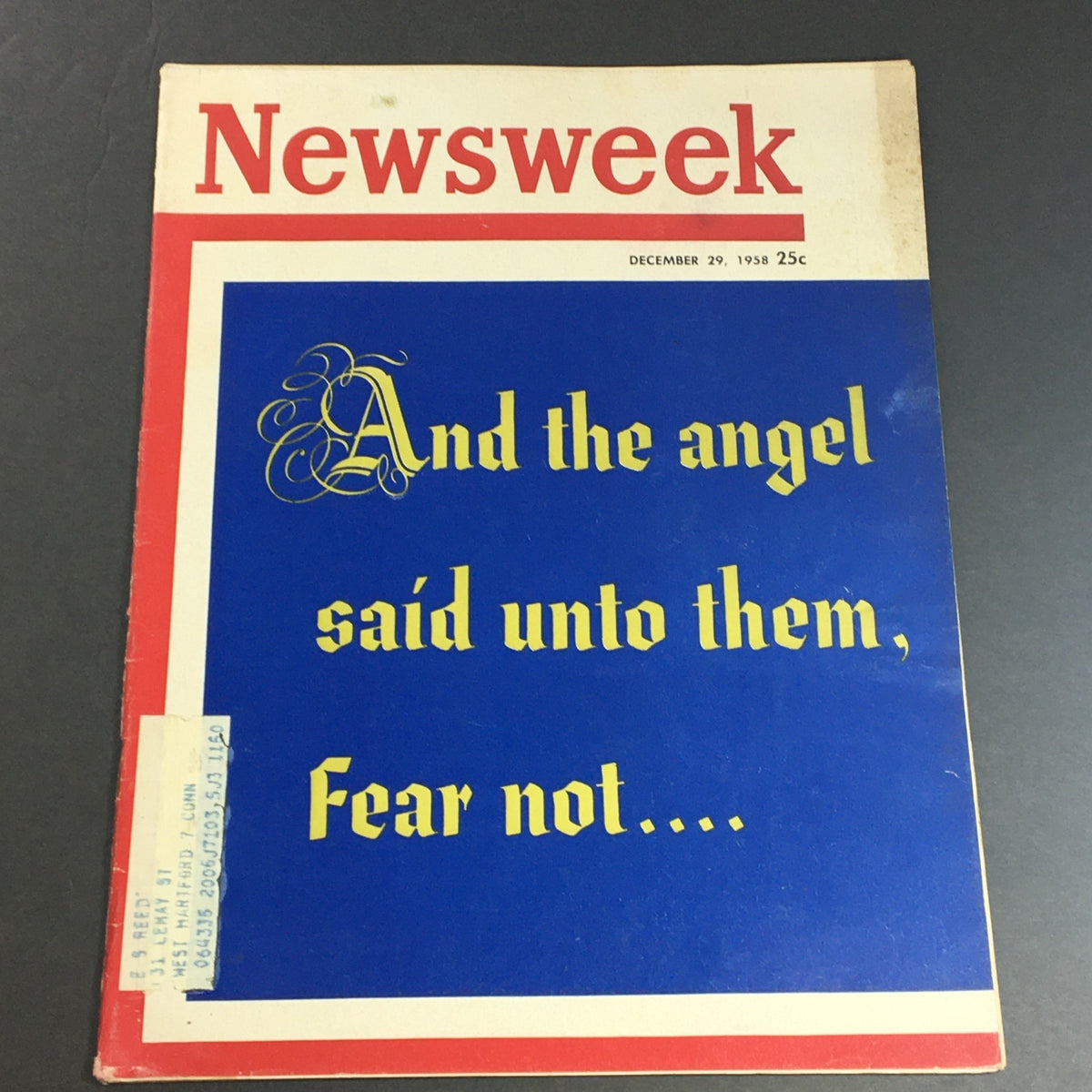 VTG Newsweek Magazine December 29 1958 featuring the cover with the phrase 'And the angel said unto them, Fear not...' in a striking blue and gold design.