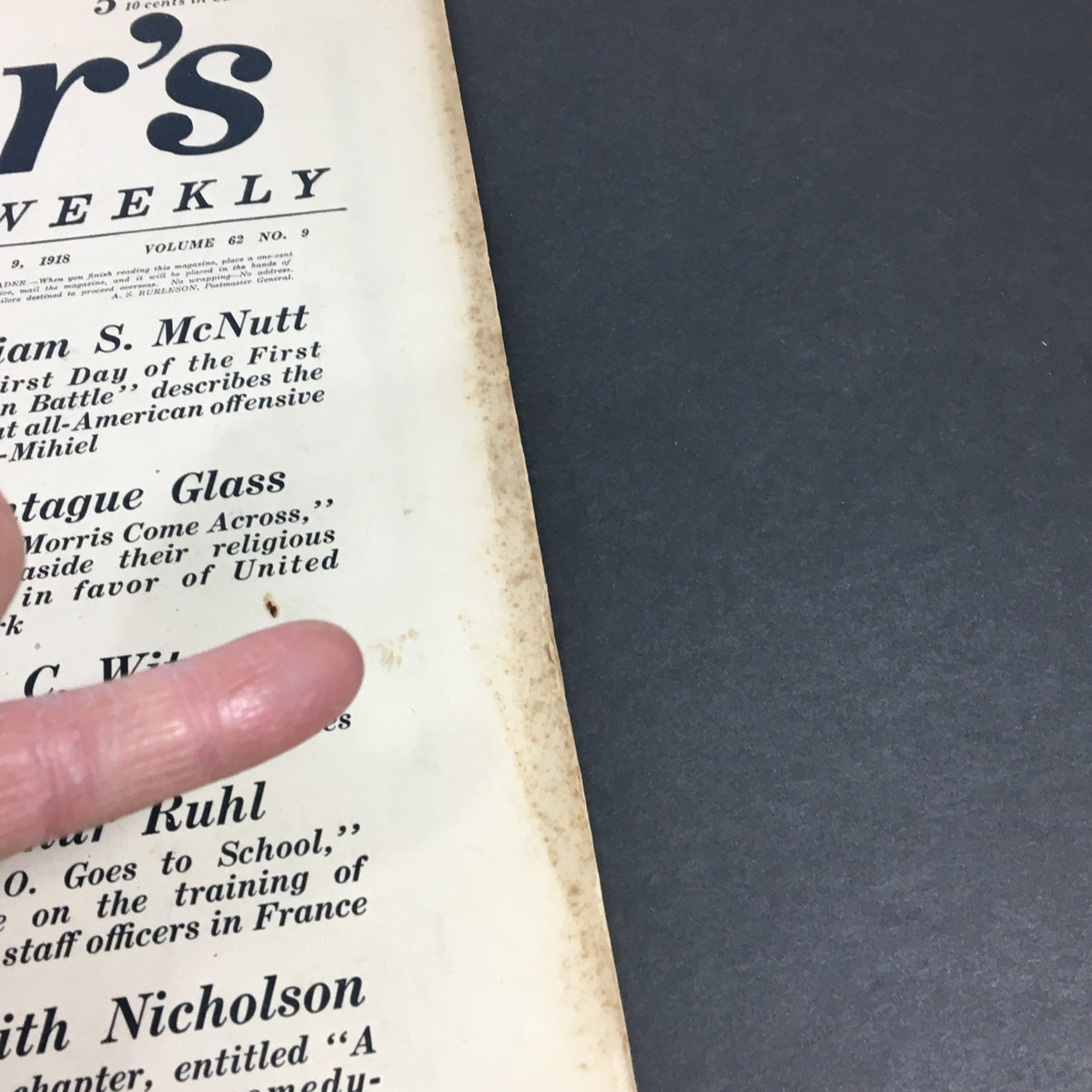 Side view of VTG Collier's Magazine November 9, 1918 displaying its spine with the publication's volume number and hints of vintage wear.