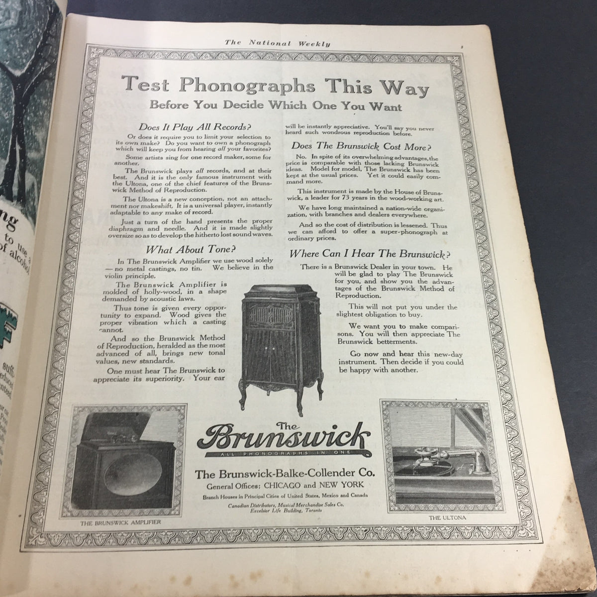 Interior advertisement page from VTG Collier's Magazine November 9, 1918 for Brunswick phonographs, illustrating early 20th-century marketing.