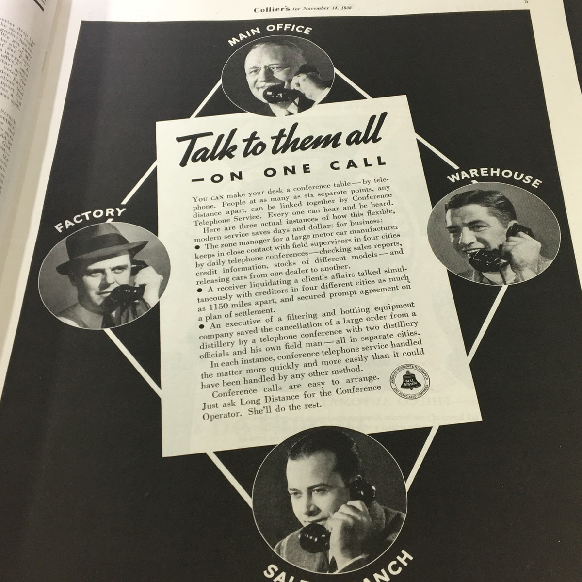 Advertisement in VTG Collier's Magazine November 14 1936 promoting conference telephone services with illustrations of people on the phone.