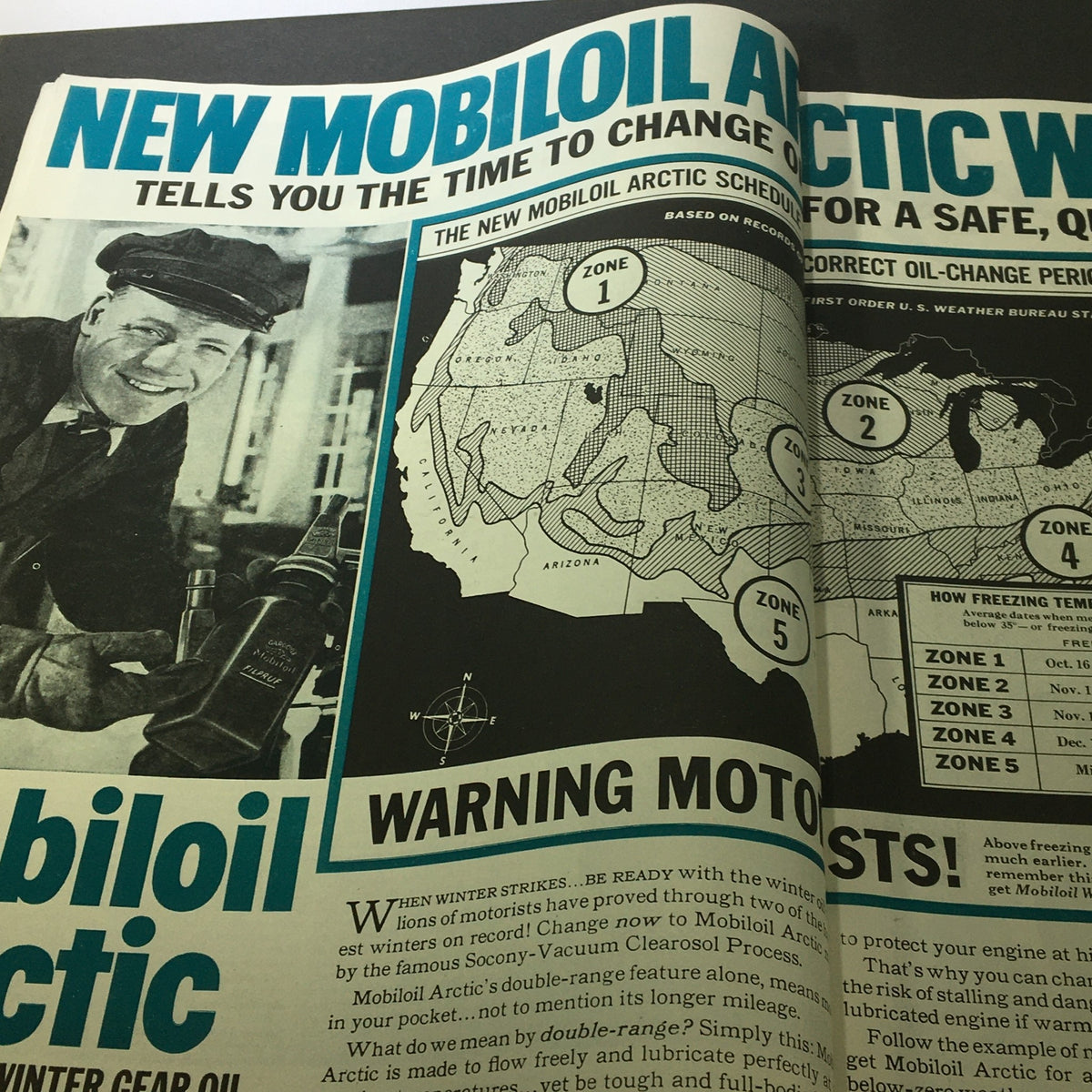 Ad featuring Mobil Oil advertisement from VTG Collier's Magazine November 14 1936, showcasing oil change zones and a smiling attendant.