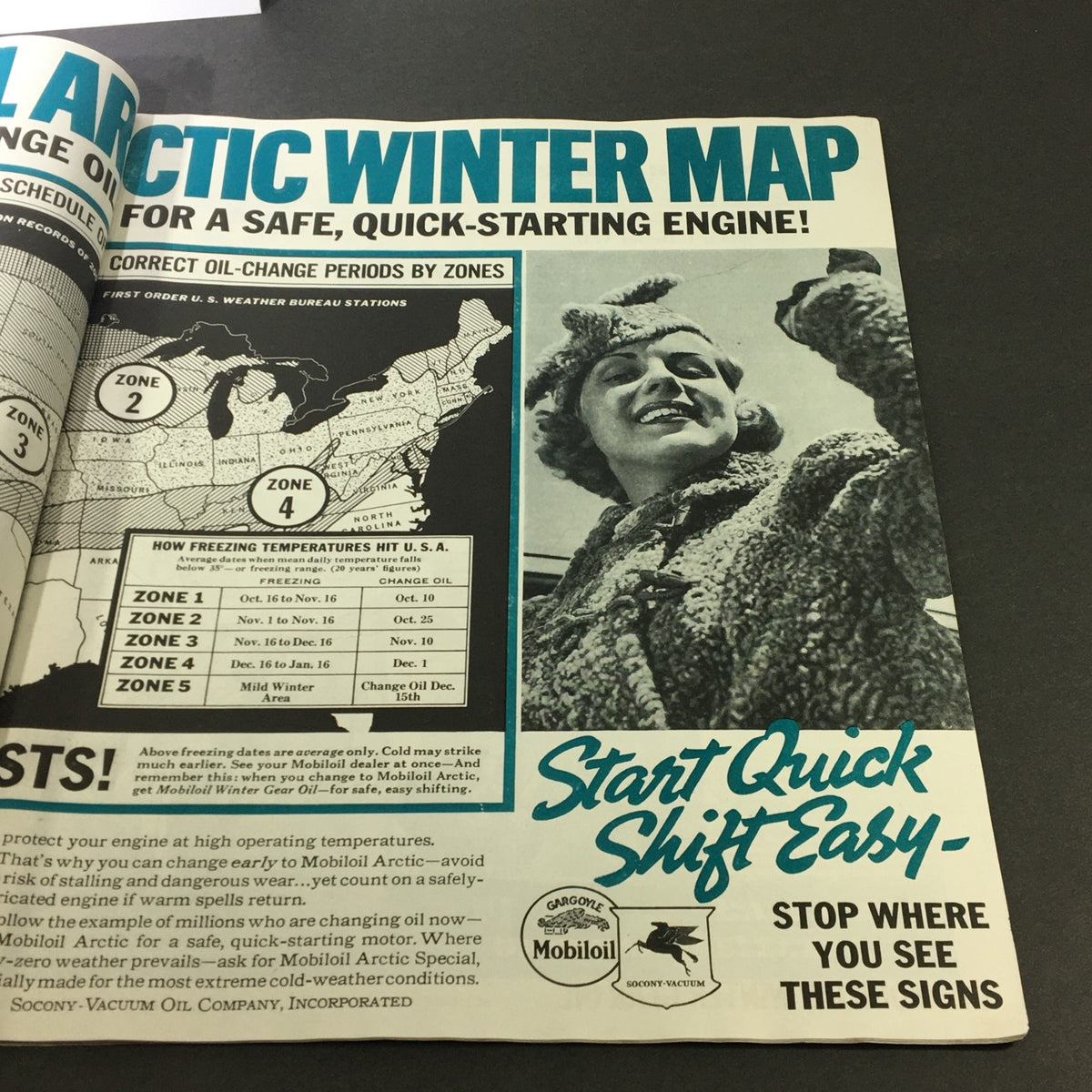 Mobil Oil Arctic advertisement in VTG Collier's Magazine November 14 1936, highlighting the importance of oil changes for winter driving.