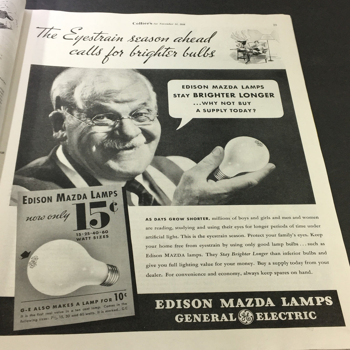 Vintage Edison Mazda Lamps advertisement from VTG Collier's Magazine November 14 1936, promoting brighter bulbs for the eyecare industry.