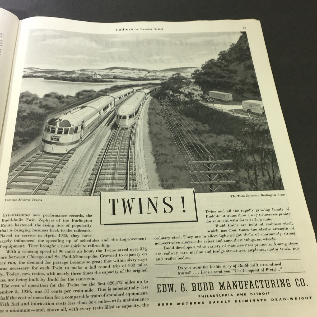 Illustration of modern trains in an advertisement from VTG Collier's Magazine November 14 1936, featuring the Twin Zephyr's innovative design.