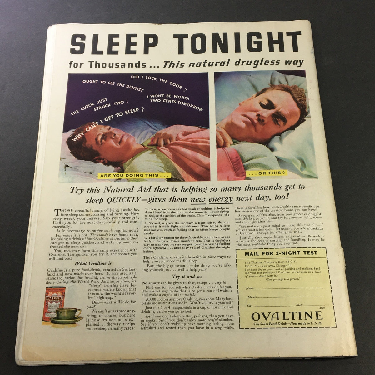 Advertisement from VTG Collier's Magazine November 14 1936 featuring a promotional piece for Ovaltine as a natural sleep aid, showcasing a comparison of a person struggling to sleep versus a relaxed individual.