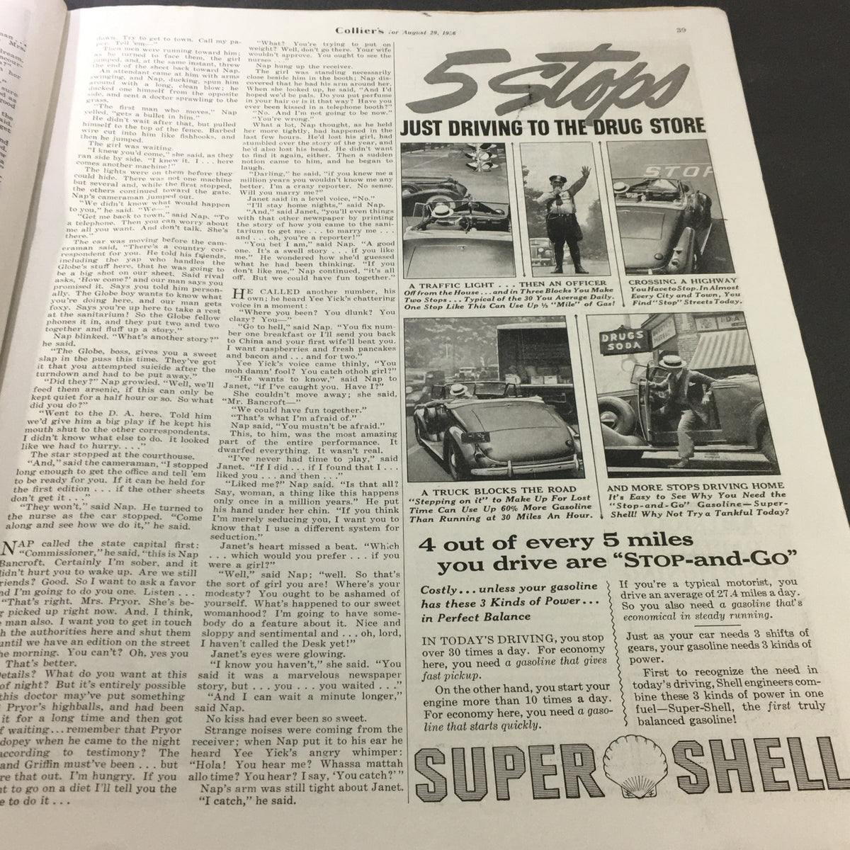 Interior page of VTG Collier's Magazine August 29 1936 featuring an article with dialogue and an advertisement about driving safety. The title highlights a humorous take on everyday scenarios, showcasing the publication's blend of storytelling and entertainment.