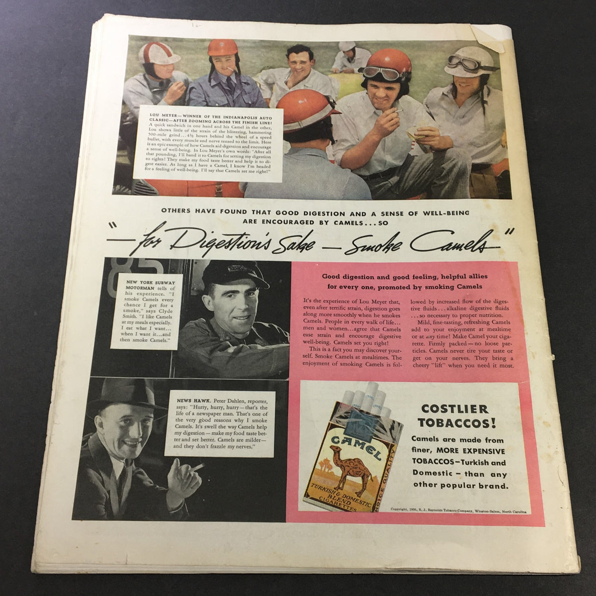Back cover of VTG Collier's Magazine August 29 1936 featuring an advertisement for Camel cigarettes emphasizing themes of good digestion and well-being. This advert reflects marketing strategies of the 1930s.