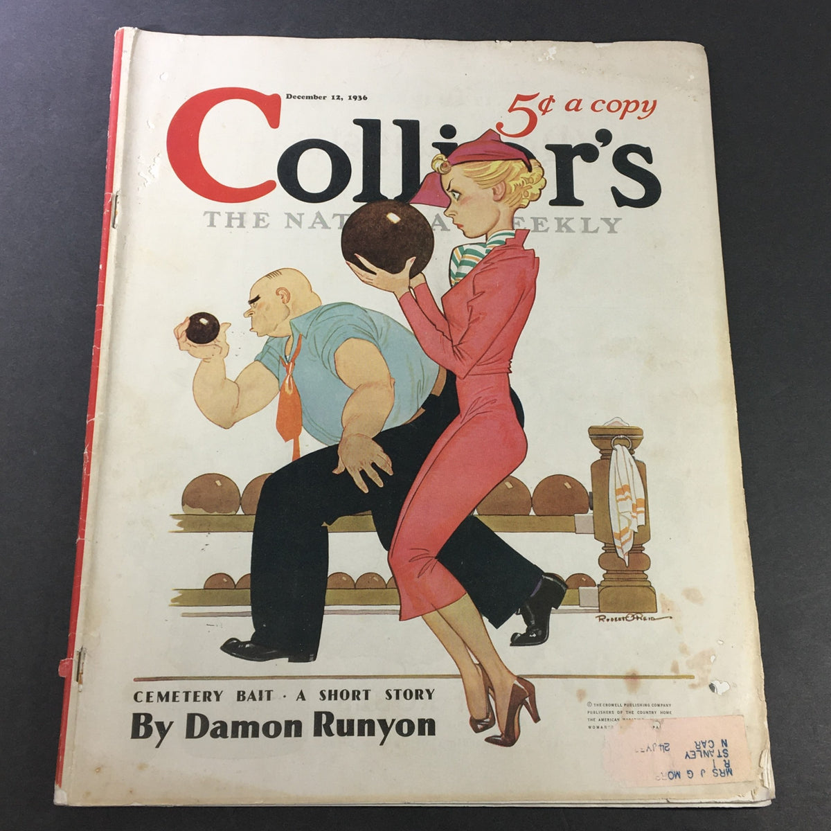 Cover of VTG Collier's Magazine dated December 12, 1936, featuring the title 'Cemetery Bait - A Short Story by Damon Runyon', showcasing an illustration of two characters with bowling balls.