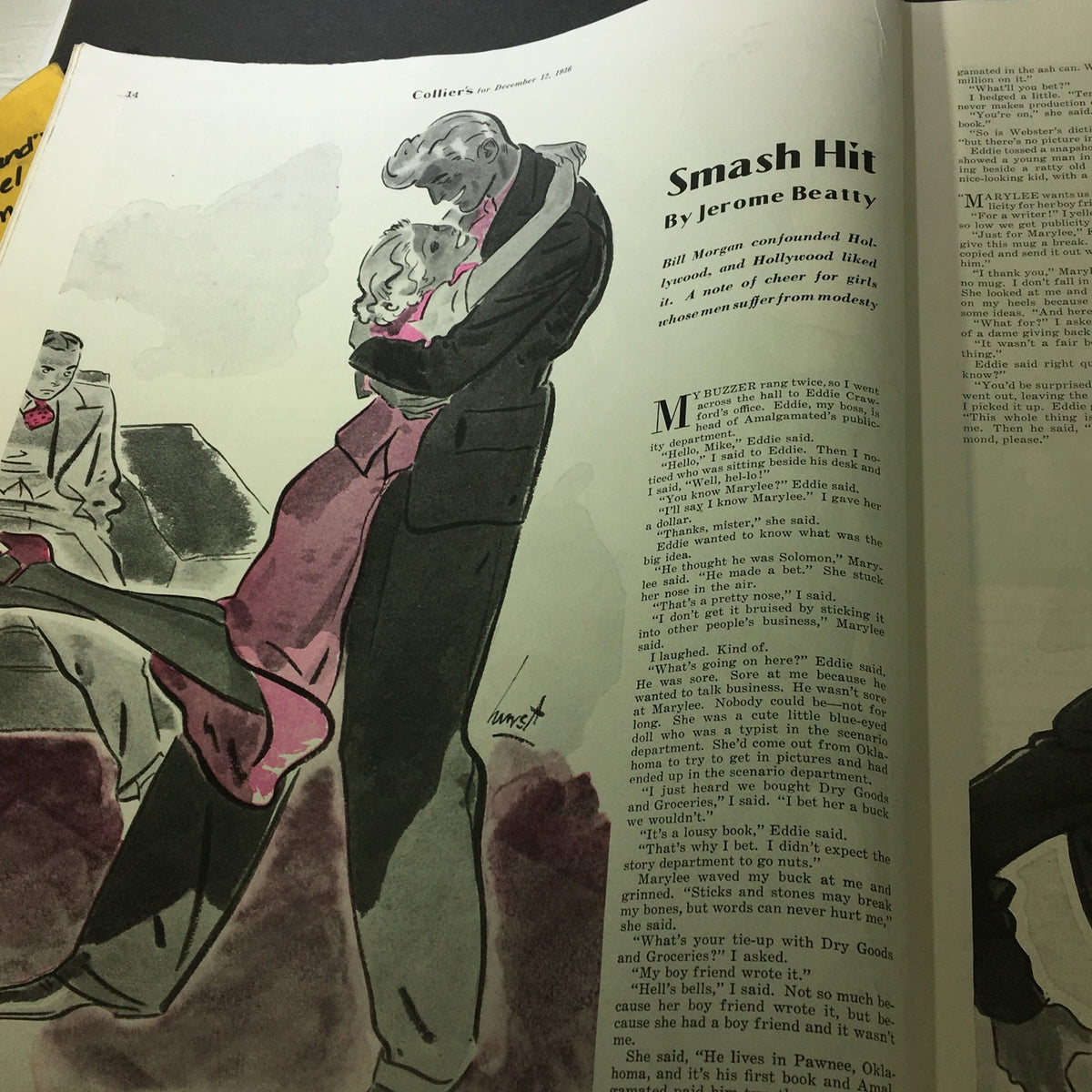 Interior page of VTG Collier's Magazine December 12 1936 featuring the story 'Smash Hit' by Jerome Beatty, illustrated with dynamic 1930s artwork depicting a romantic scene.