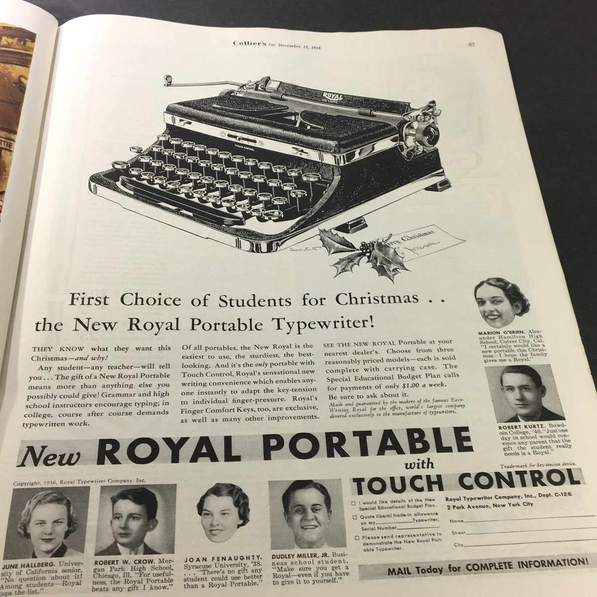 Vintage advertisement from Collier's Magazine December 12, 1936 featuring the New Royal Portable Typewriter. The ad emphasizes its suitability for students and highlights its features with a festive design.