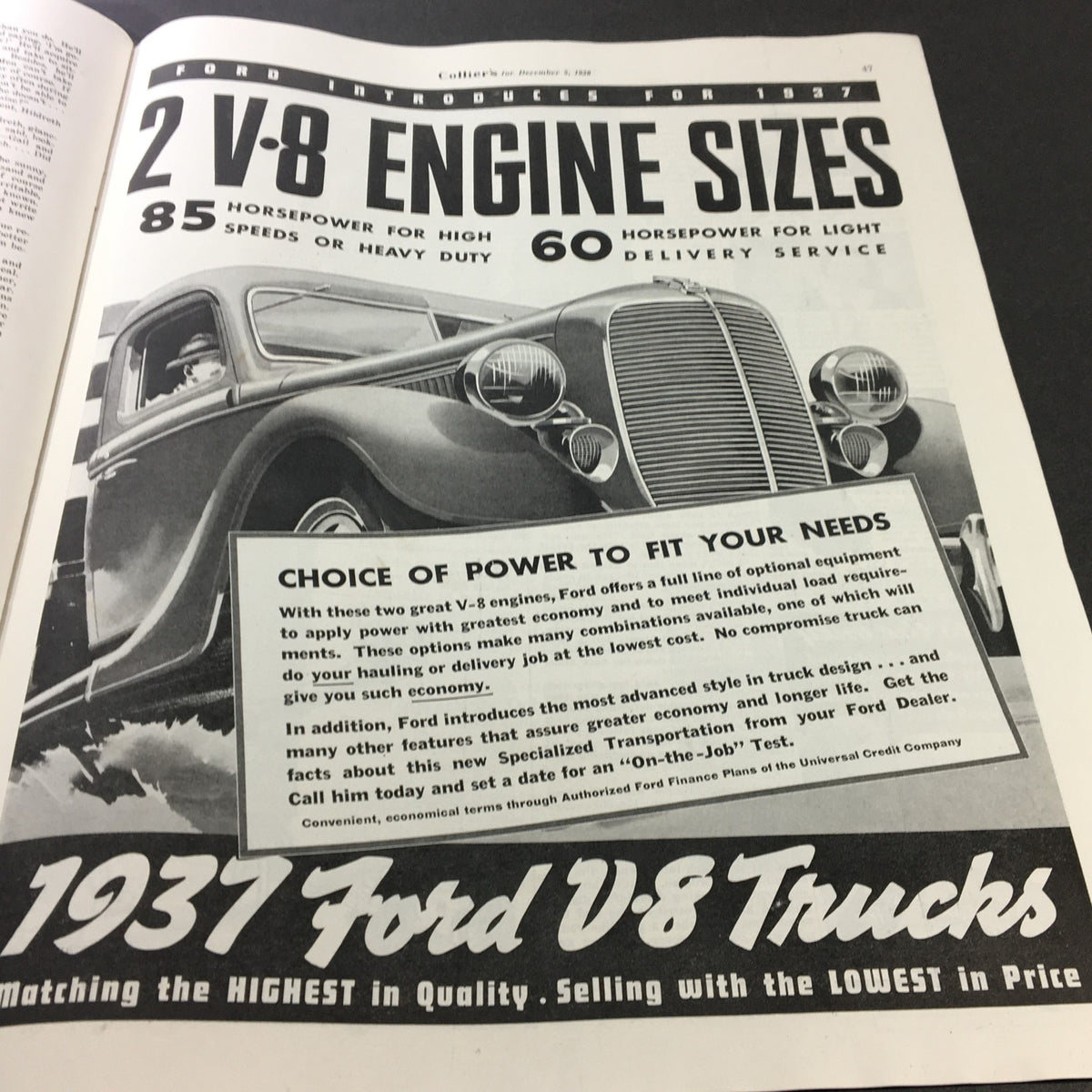 VTG Collier's Magazine December 5 1936 advertisement for 1937 Ford V-8 trucks, showcasing a vintage truck design with information on engine sizes.