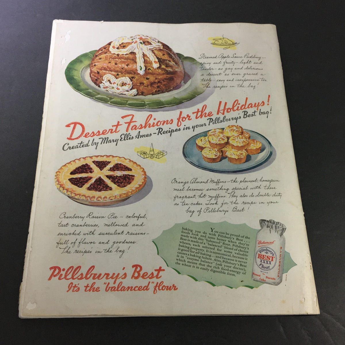 VTG Collier's Magazine December 5 1936 featuring a colorful advertisement for dessert recipes, including Cranberry Raisin Pie, Orange Almond Muffins, and Steamed Apple Sauce Pudding, highlighting Pillsbury's Best flour.