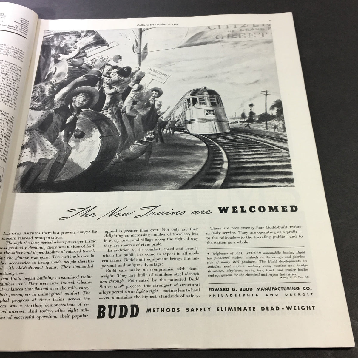 Advertisement page from VTG Collier's Magazine, October 8, 1938, highlighting new trains welcomed by the public.
