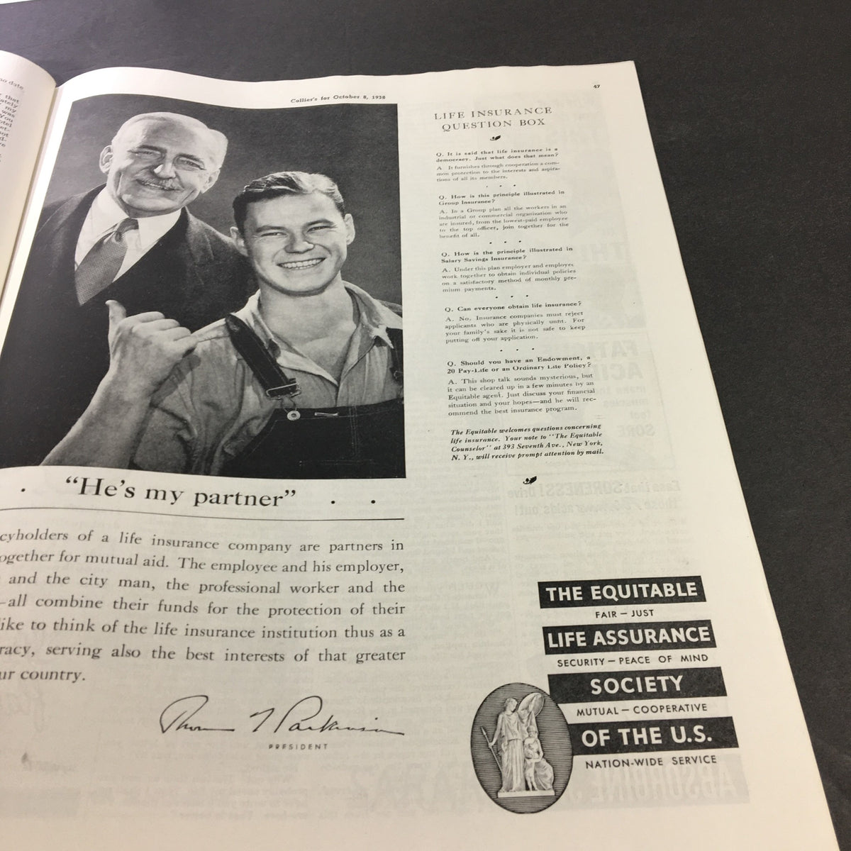 Image from VTG Collier's Magazine October 8 1938 featuring a life insurance advertisement with two men, one smiling and giving a thumbs up, and a text box for insurance questions.