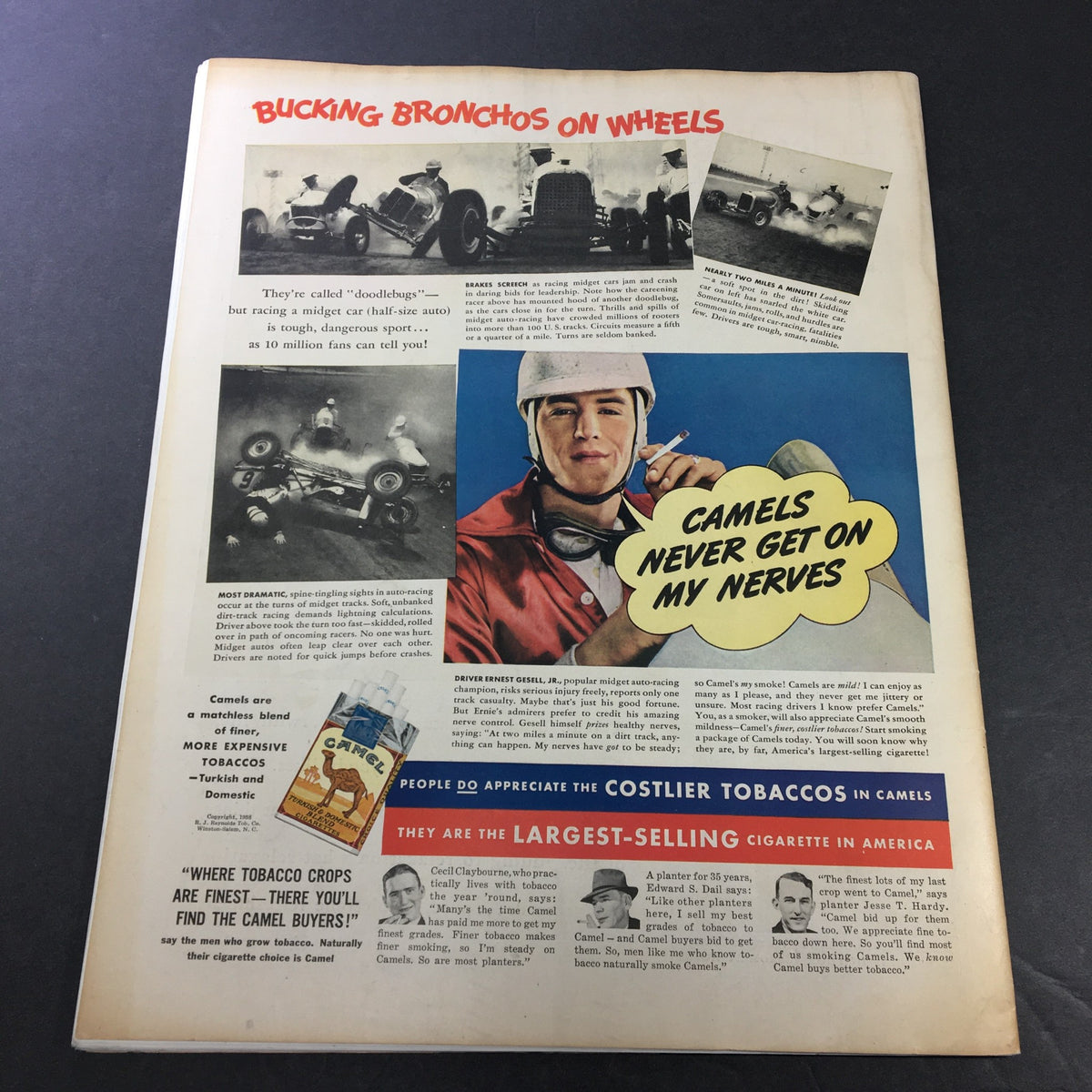 Image from VTG Collier's Magazine October 8 1938 showcasing an auto racing article titled 'Bucking Bronchos on Wheels' with a colorful illustration of a race car driver and promotional cigarette advertisements.