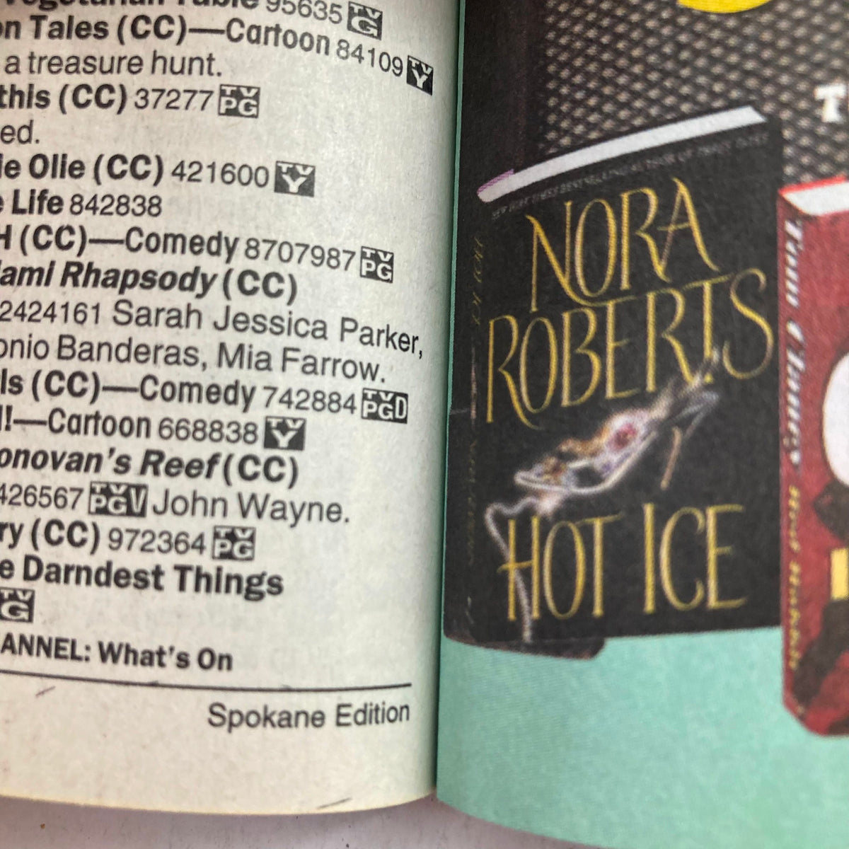 Inside page of TV Guide Magazine August 17 2002, highlighting Spokane Edition listings including shows like Nora Roberts' Hot Ice.