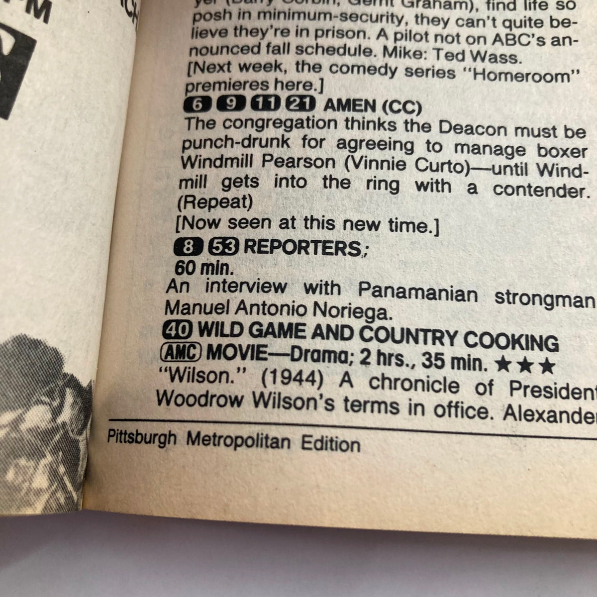 Inside page of TV Guide Magazine September 9 1989 featuring listings, including the 'AMEN' show and an interview with Manuel Antonio Noriega, part of the Fall Preview content.