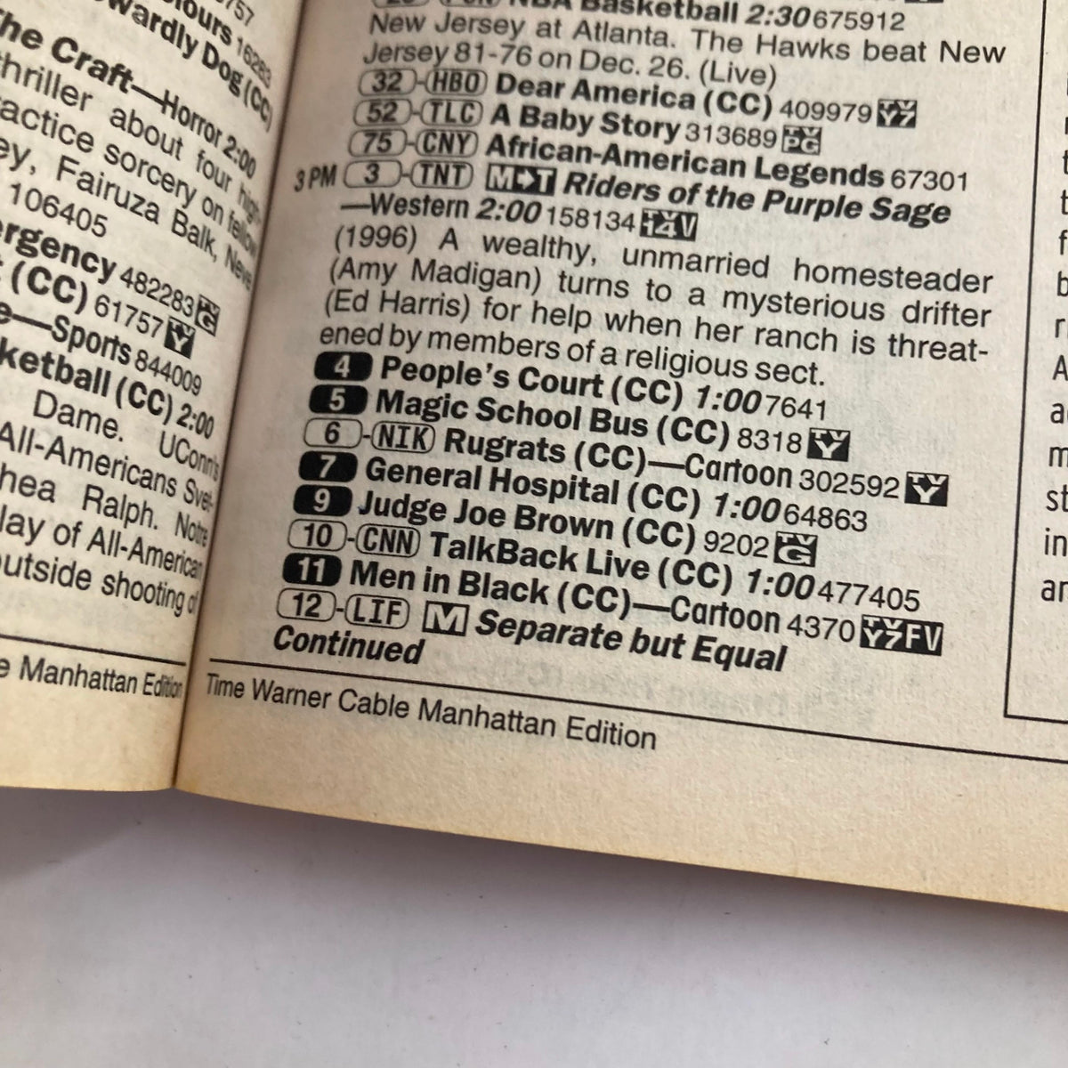Interior page of TV Guide Magazine January 13, 2001, highlighting TV listings for Time Warner Cable Manhattan, with notable shows and details.