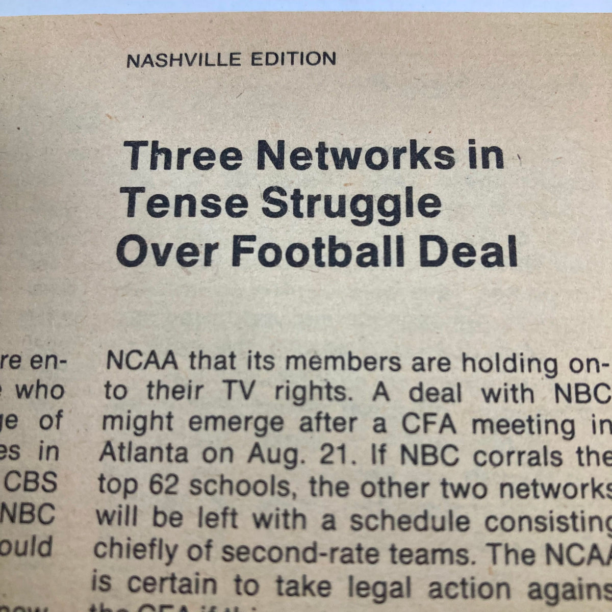 Inside page of TV Guide Magazine August 15 1981, Nashville Edition, discussing a three-network struggle over a football deal.