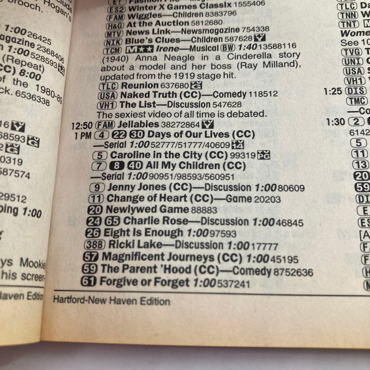 Inside page of TV Guide Magazine from January 1, 2000, Hartford-New Haven Edition, showcasing television listings including 'Days of Our Lives' and various other programs.