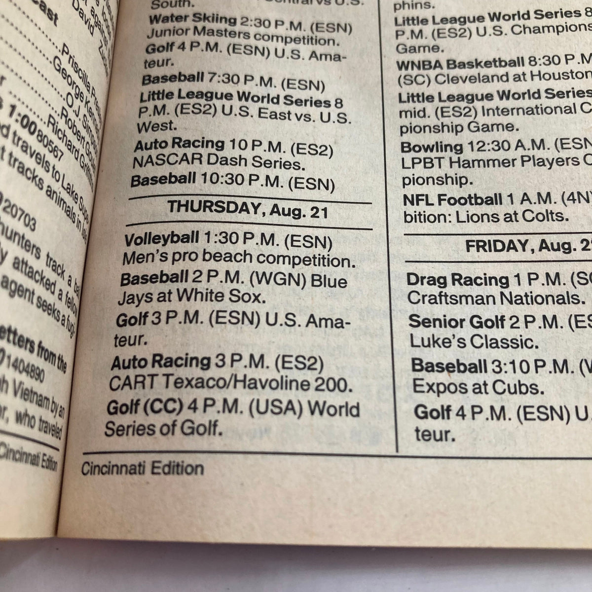 Inside page of TV Guide Magazine showing schedule listings for August 21, 1997. Cincinnati Edition featuring various programming including baseball, auto racing, and golf.