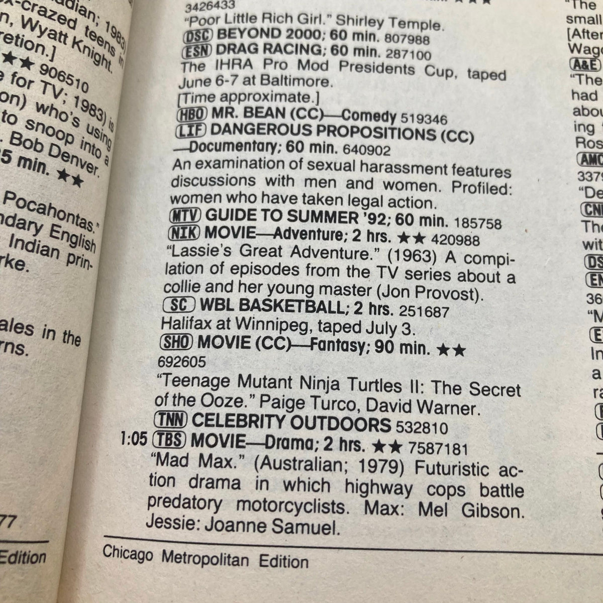Inside page of TV Guide Magazine July 4 1992 displaying TV show listings and schedules, highlighting programs like 'Teenage Mutant Ninja Turtles II: The Secret of the Ooze' and 'The Guide to Summer '92'.