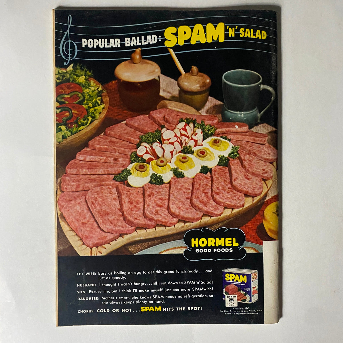 Advert for Hormel Spam in the VTG Time Magazine August 10, 1942, showcasing a platter of Spam with salad and other sides, promoting the product as a versatile meal option.