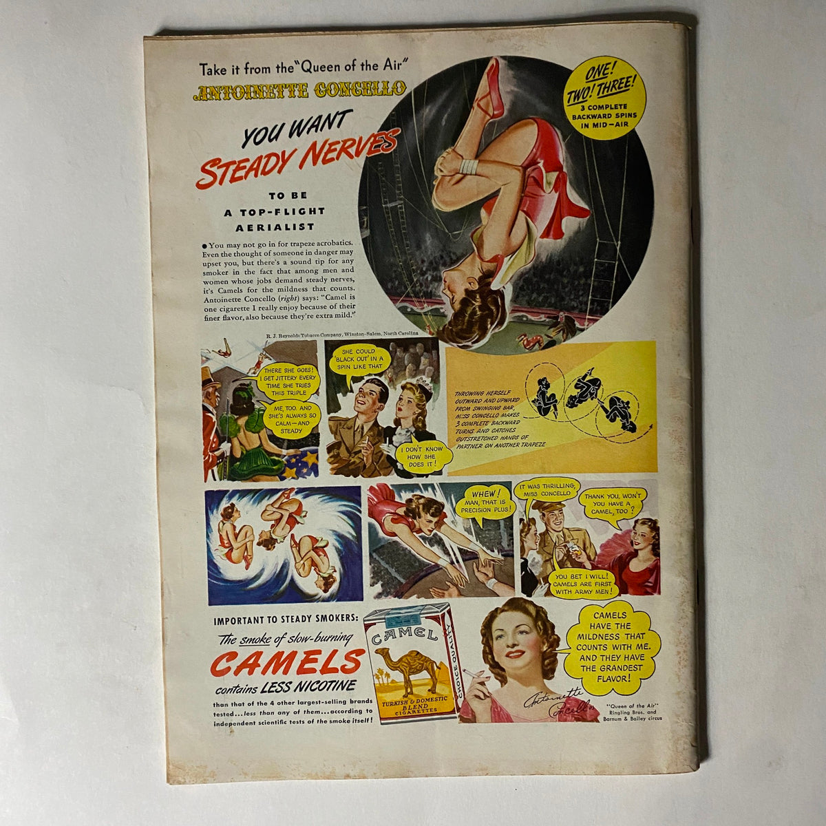 Vintage advertisement from the Time Magazine issue dated August 24, 1942, featuring aerialist Antonette Congillo promoting Camel cigarettes. The ad illustrates her acrobatic skills with colorful graphics and highlights the brand's low nicotine content.