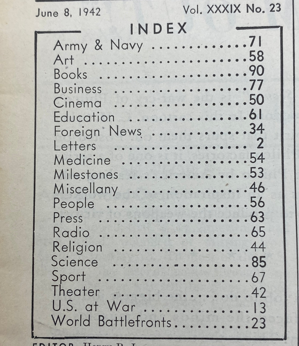 Index page of VTG Time Magazine June 8, 1942, Vol 39 No. 23 listing various subjects, including Army, Navy, and U.S. at War, reflective of the historical context of World War II.