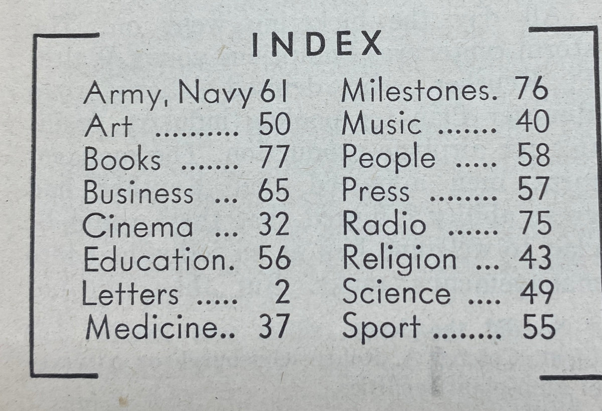 Index page of VTG Time Magazine January 19, 1942 Vol 39 No. 3 displaying topics like Army, Navy, Art, and Science, providing a glimpse of the magazine's content.