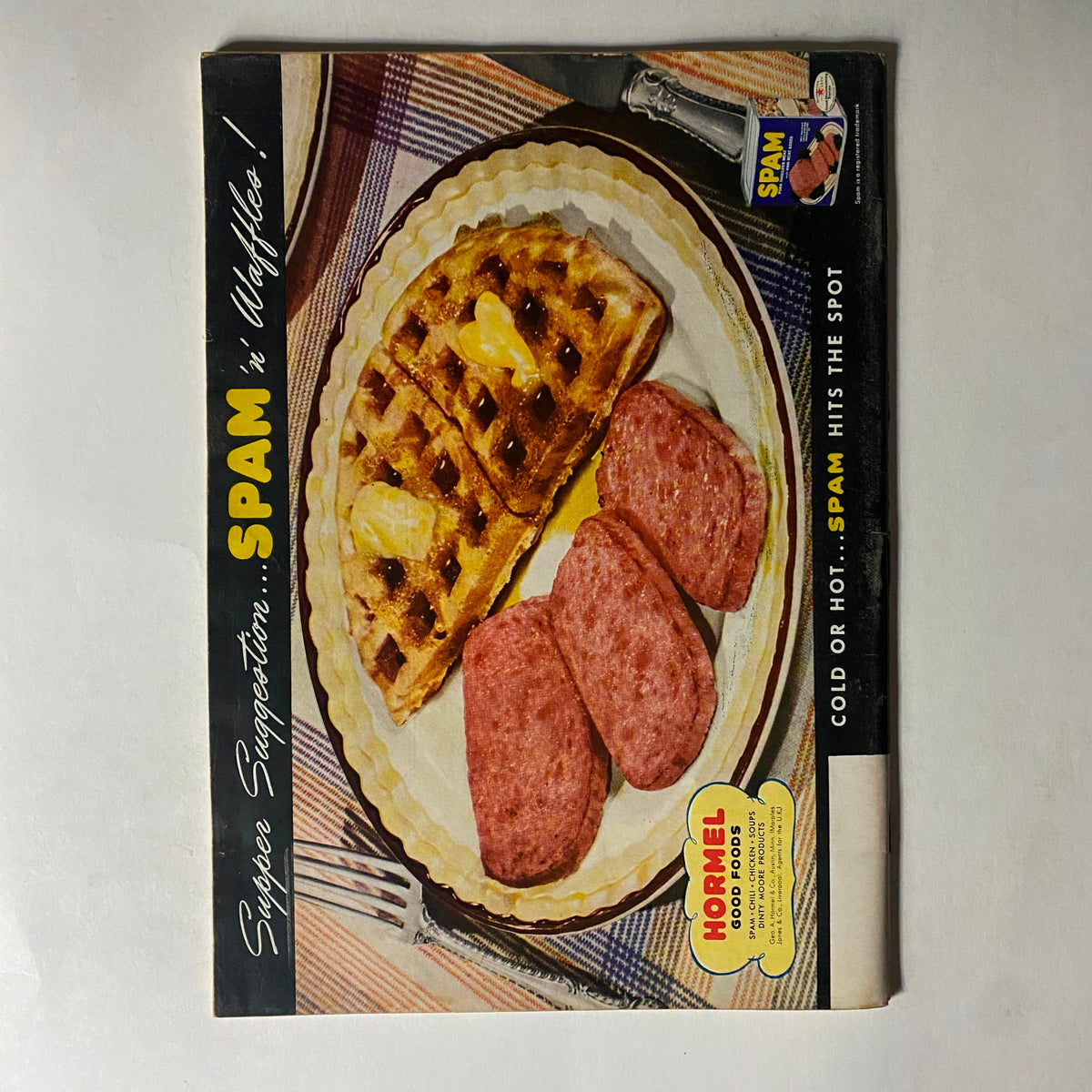 Advertisement from the VTG Time Magazine March 23, 1942 showcasing Hormel SPAM with a serving suggestion of SPAM and waffles.