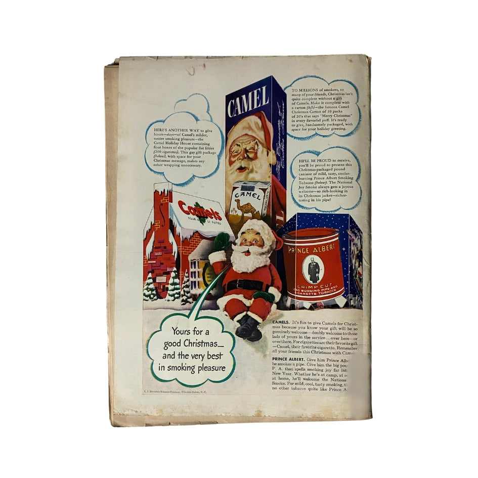 Back cover of VTG Time Magazine December 21, 1942 displaying a vintage Christmas advertisement for Camel cigarettes featuring Santa Claus and holiday decorations.