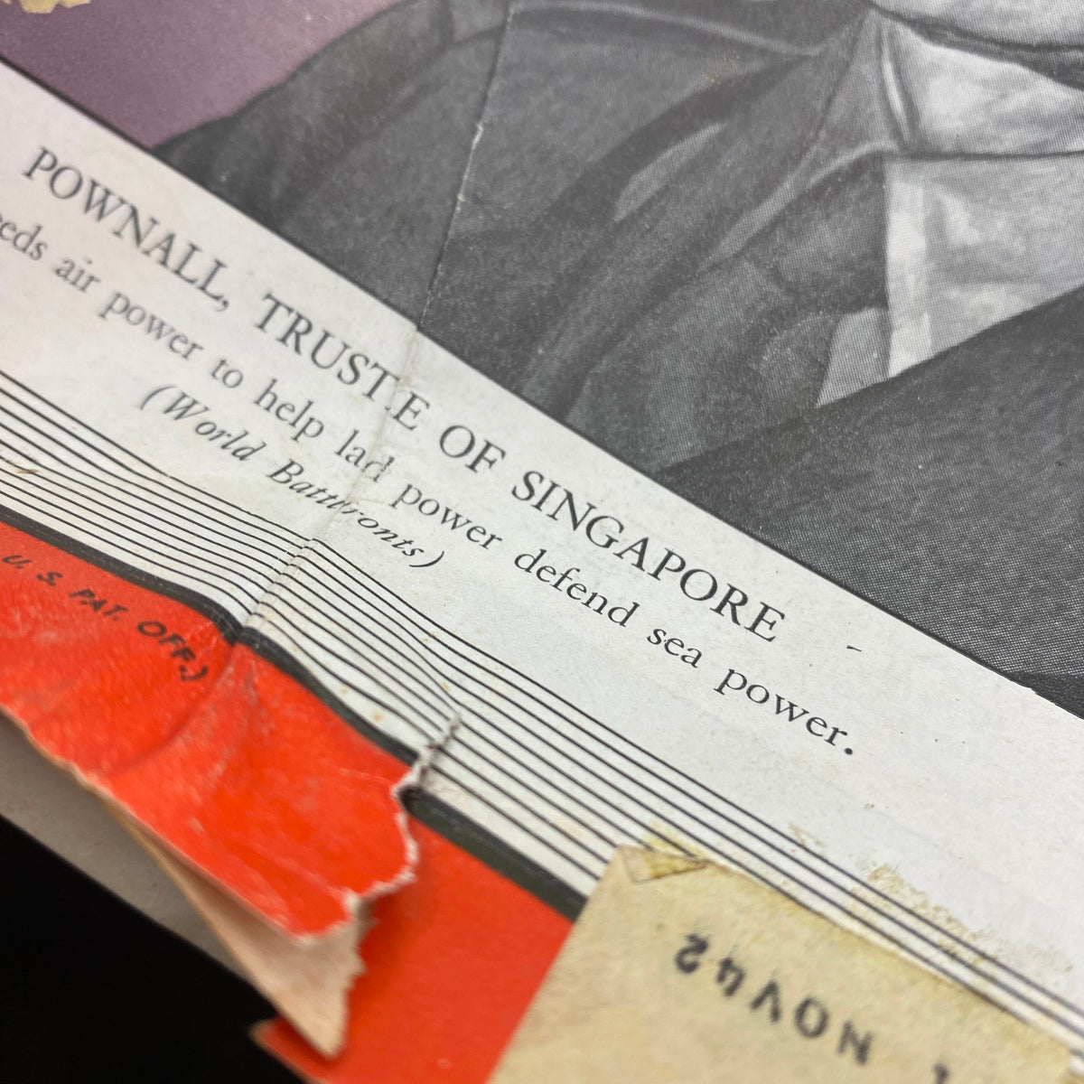 Close-up of VTG Time Magazine January 12, 1942 showing the title 'Pownall, Trustee of Singapore' and related text on wartime governance.