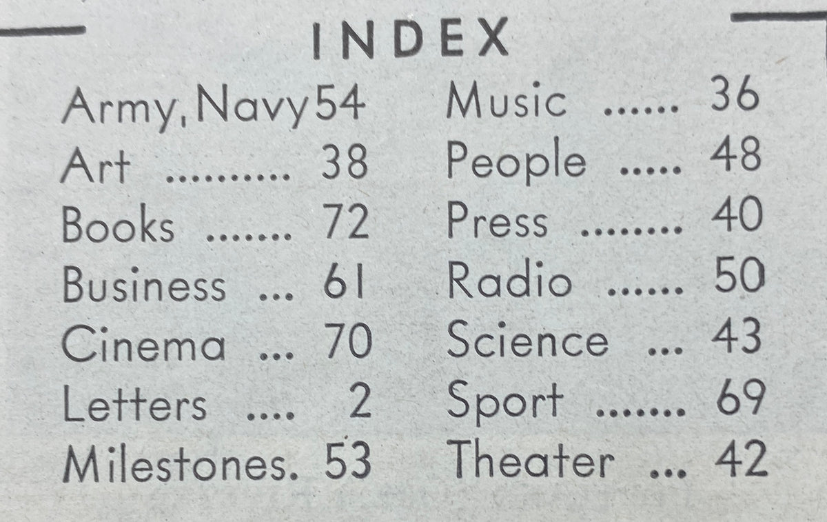 Interior index page of VTG Time Magazine January 12, 1942, listing topics such as Army, Navy, Art, and more from the early 1940s.