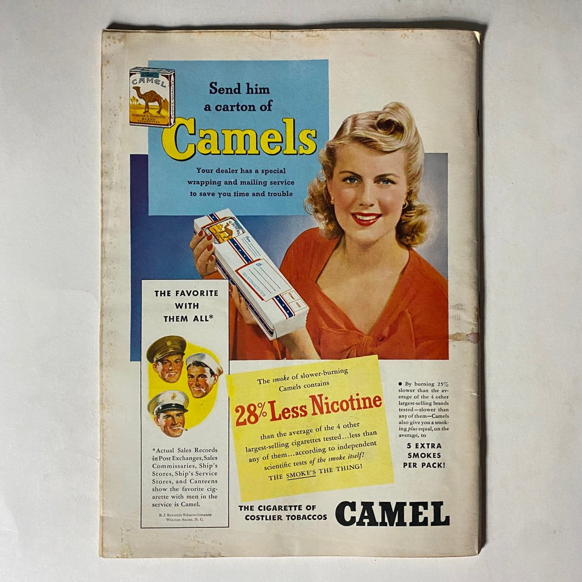 Advertisement page from VTG Time Magazine January 12, 1942 showcasing Camel cigarettes with a smiling woman holding a carton.