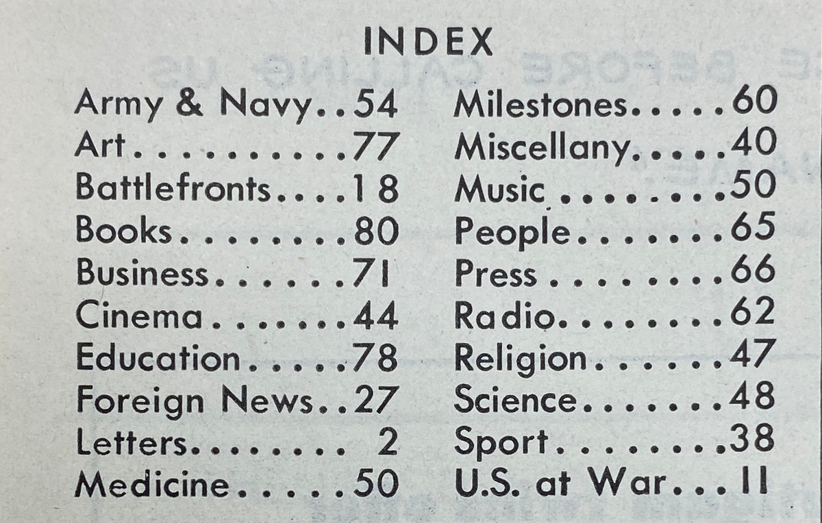 Index page from the VTG Time Magazine July 27, 1942 Vol 40 No. 4, detailing various topics covered, including Army & Navy, Art, and U.S. at War.