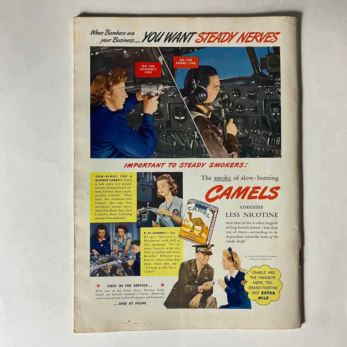 Vintage advertisement from Time Magazine July 27, 1942 featuring women working on bomber assembly lines and military personnel. The ad promotes Camel cigarettes highlighting their lower nicotine content, reflecting the era's wartime themes and tobacco marketing.