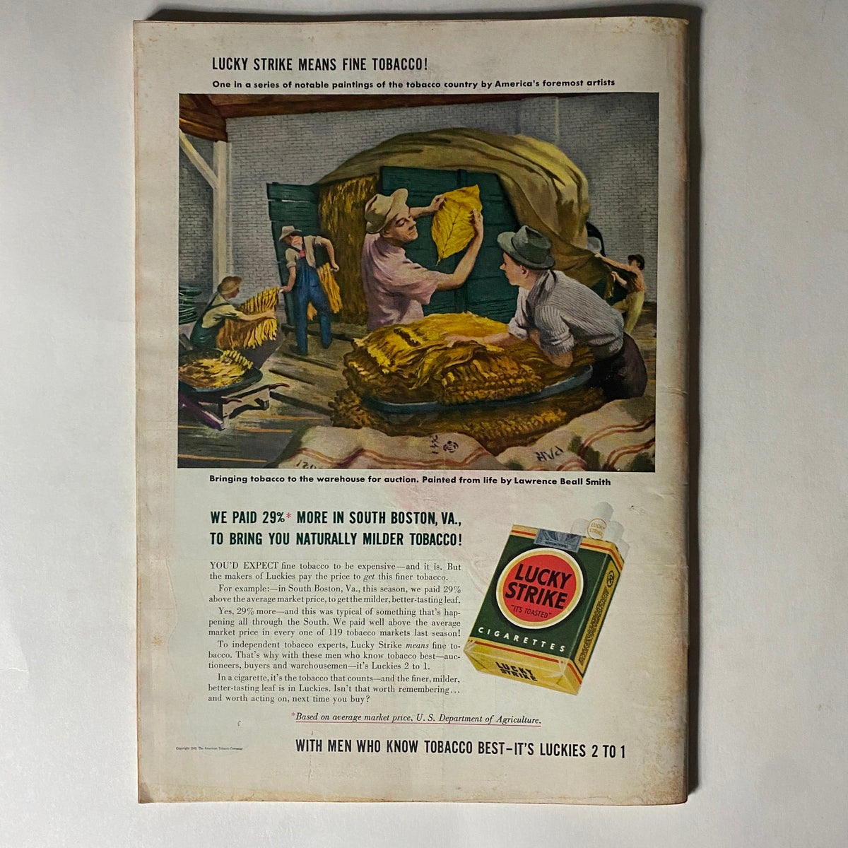 Advertisement for Lucky Strike cigarettes in the April 13, 1942 issue of VTG Time Magazine, highlighting the quality of tobacco used.