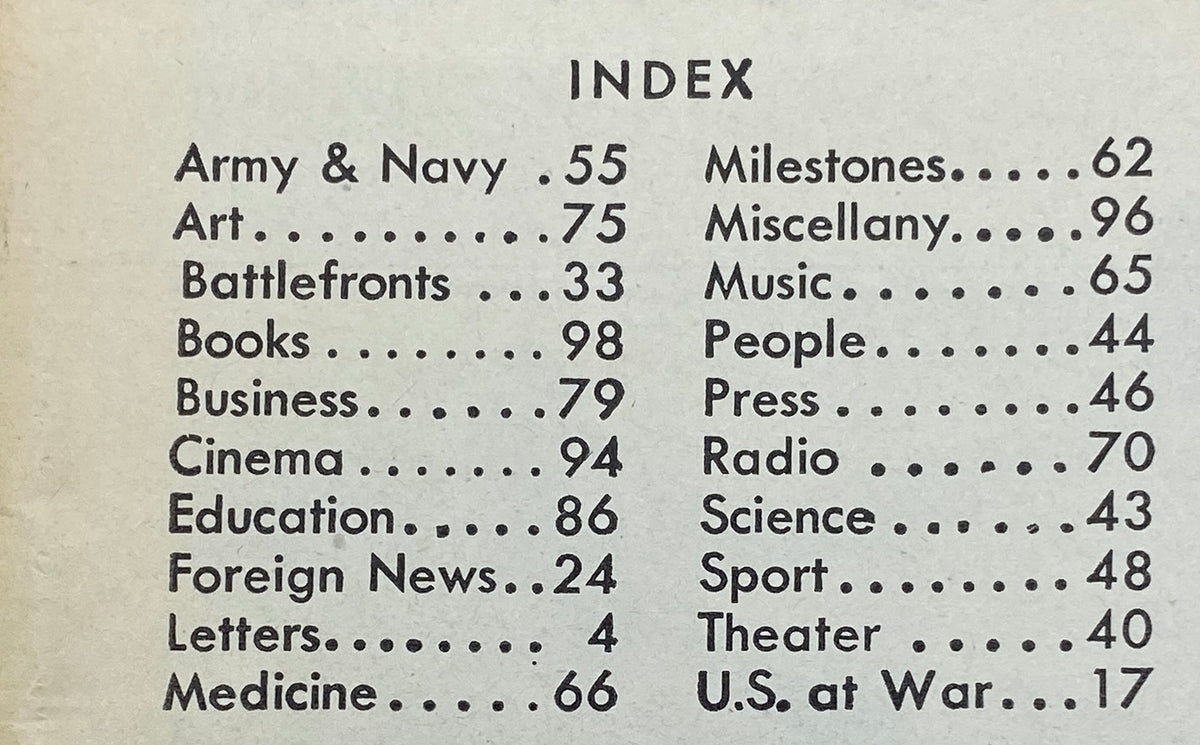 Index page from Time Magazine September 14, 1942 listing topics including Army & Navy, Art, and U.S. at War.