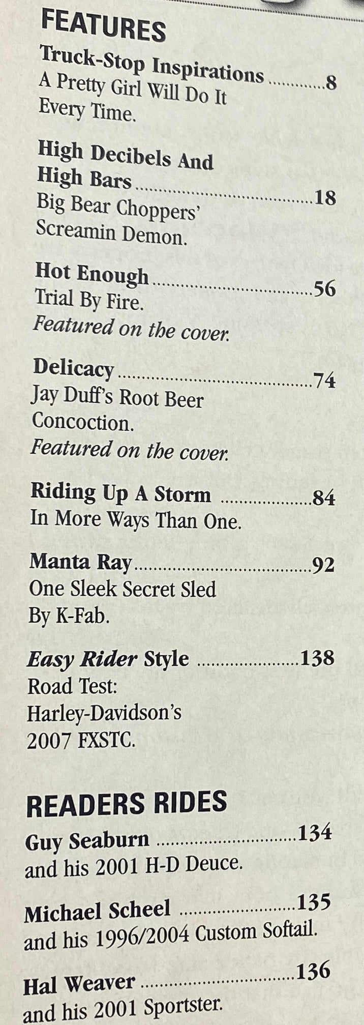 Features list from Easyriders Magazine June 2007 #408 showcasing articles including Easy Rider Road Test of Harley-Davidson’s 2007 FXSTC and various motorcycle-related contributions.