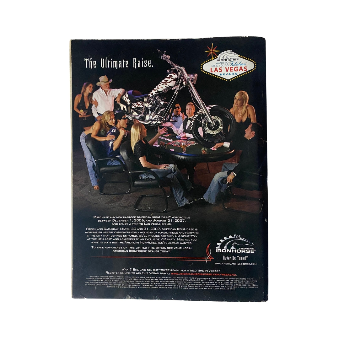 Back cover of Easyriders Magazine February 2007 #404 promoting the Las Vegas motorcycle scene, featuring a custom bike and a social gathering.